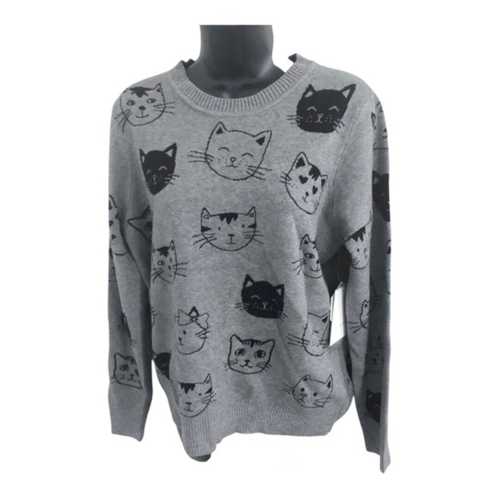 Gray ribbed crew neck black cat kitten feline printed long sleeve sweater size L